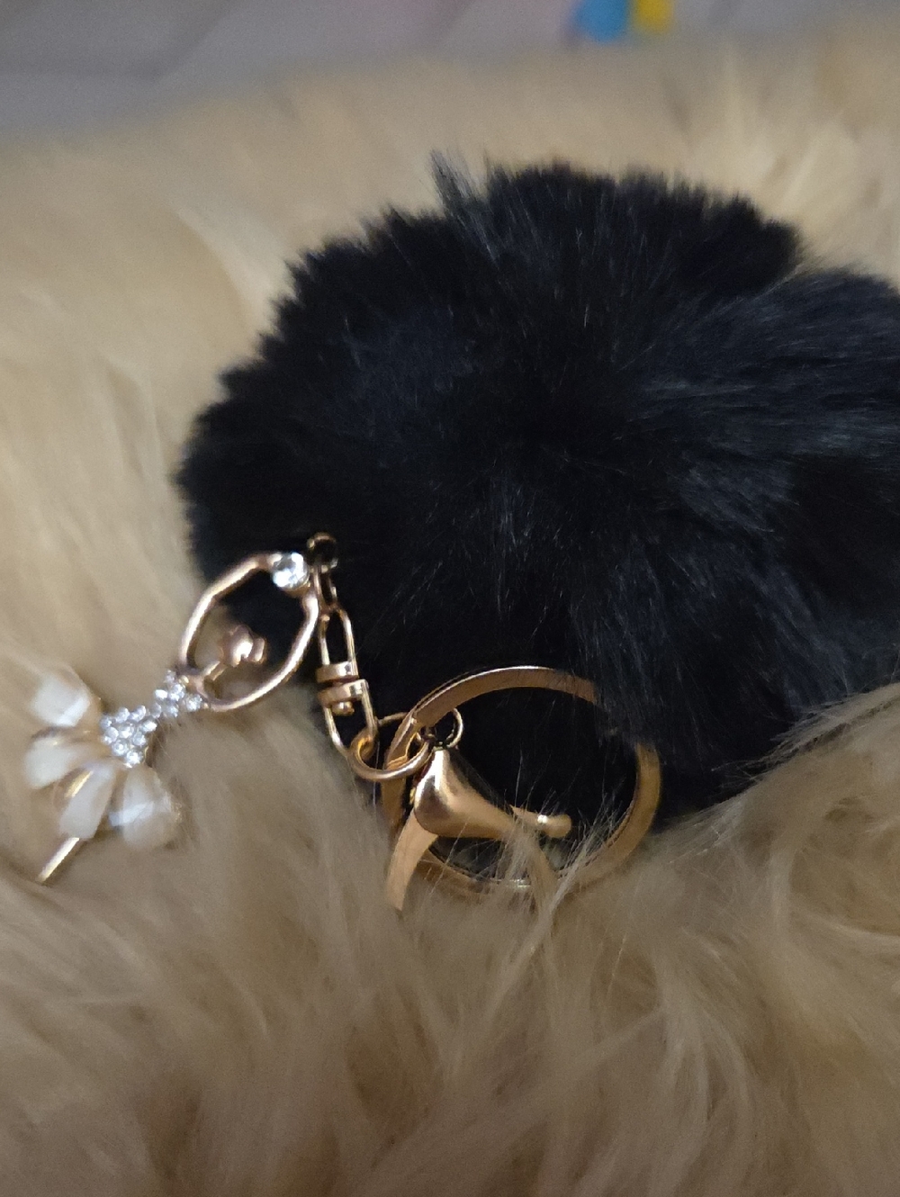 Balarina And Black Faux Fur Pom Pom Keychain with Gold Accents